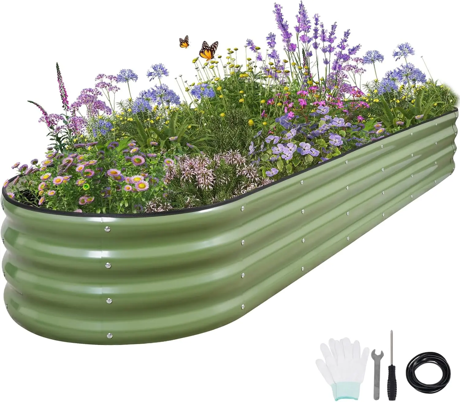 

Оцинкованный овальный гряд-бокс 8x2x1 фут с защитной лентой, распорными стержнями и перчатками для садоводства на открытом воздухе