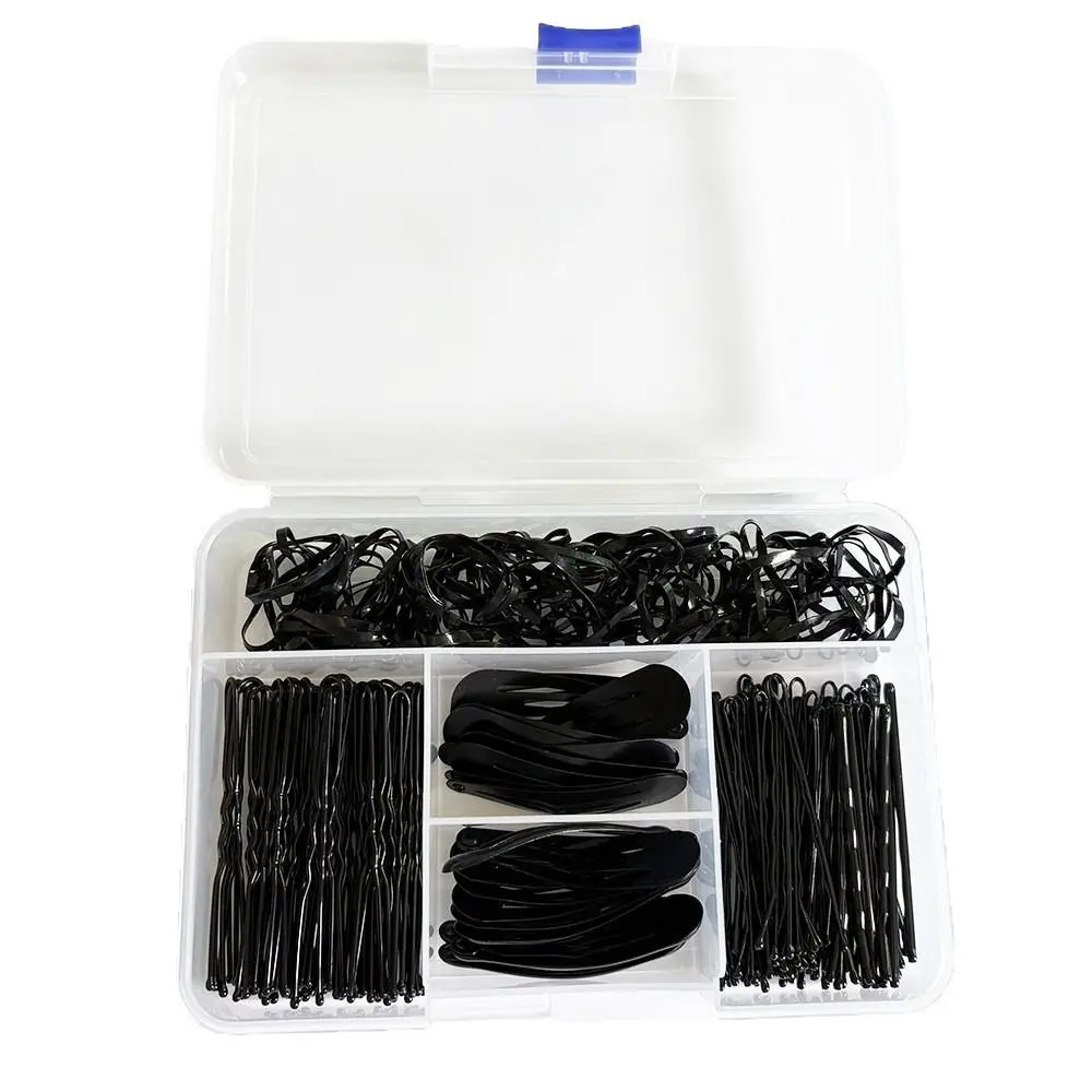 Black ‌Women's Bobby Pins U-shaped Curly Wavy Hairstyle Hairpins Kit Small Rubber Band with Box Hair Nets Scrunchie Set