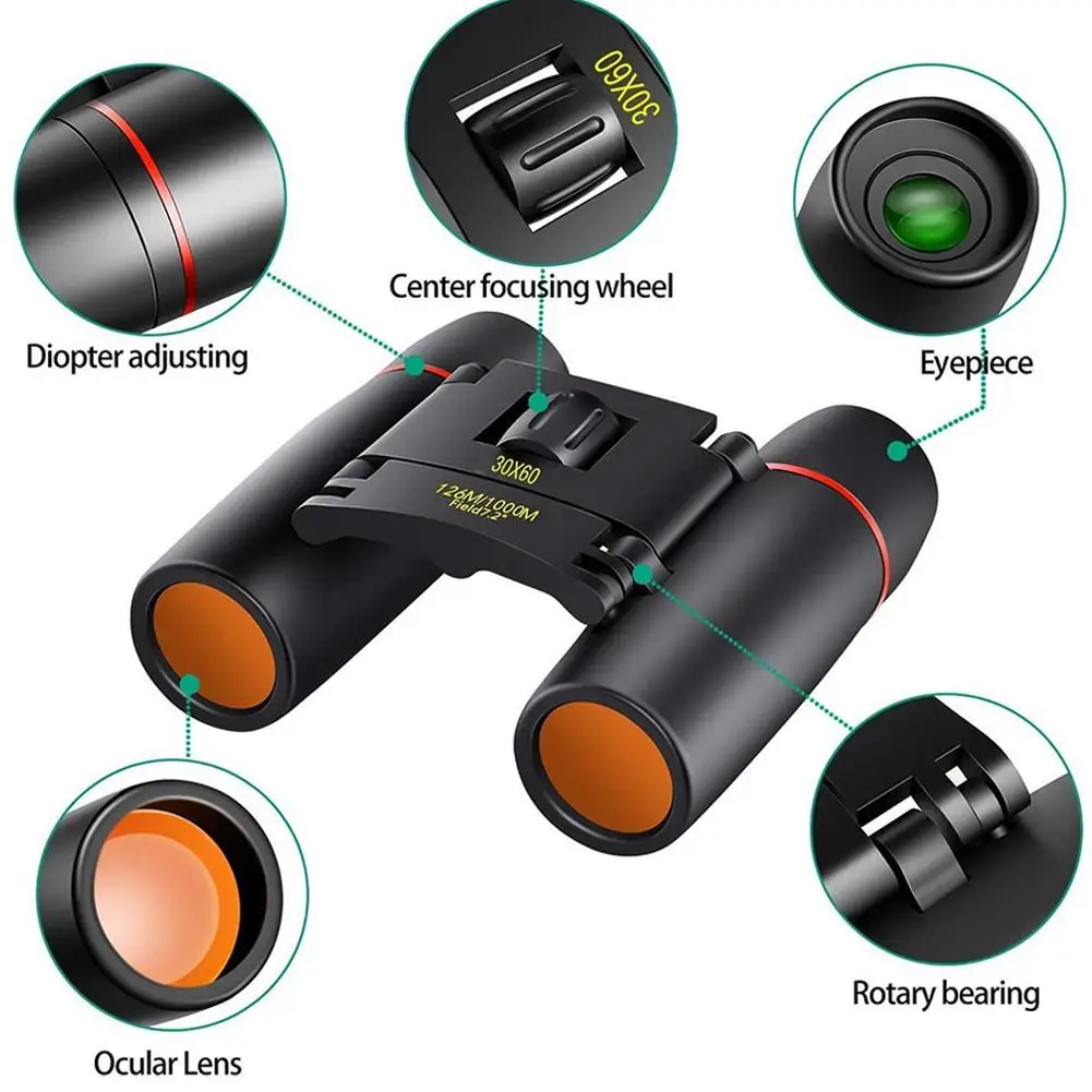 Mini telescopio HD para exteriores, binoculares de bolsillo pequeños de 1000m, 30x60, binoculares con Zoom compacto plegable de largo alcance, telescopio de viaje para acampar