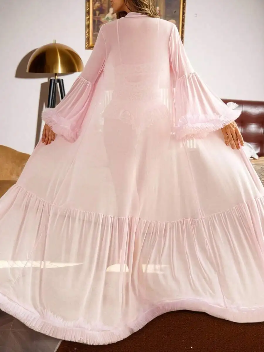 

Womens Flare Sleeve Ruffle Hem Mesh Extra Long Robe And Lace Bodysuit Pajama Set