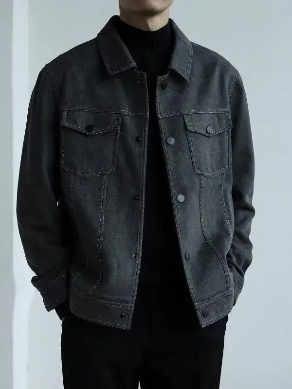 

Men's Suede Jaet Casual Versatile Loose Fit Korean Sle Spring Autumn Workwear Leisure Top Coat Youth ular Polyester Fiber
