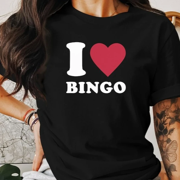 I Love Bingo Funny Novelty Casual T-Shirt Gift for Bingo Players Lovers Valentines Day Summer Fashion Comfort Soft Cotton Tees