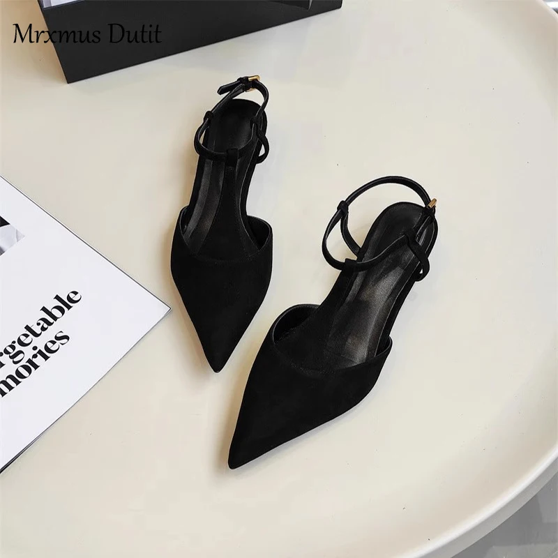 Mrxmus Dutit Women 2024 New Summer Fashion Leather Suede Pointed Low Heeled Sandals Comfort Solid Simple Elegant Shoes Female