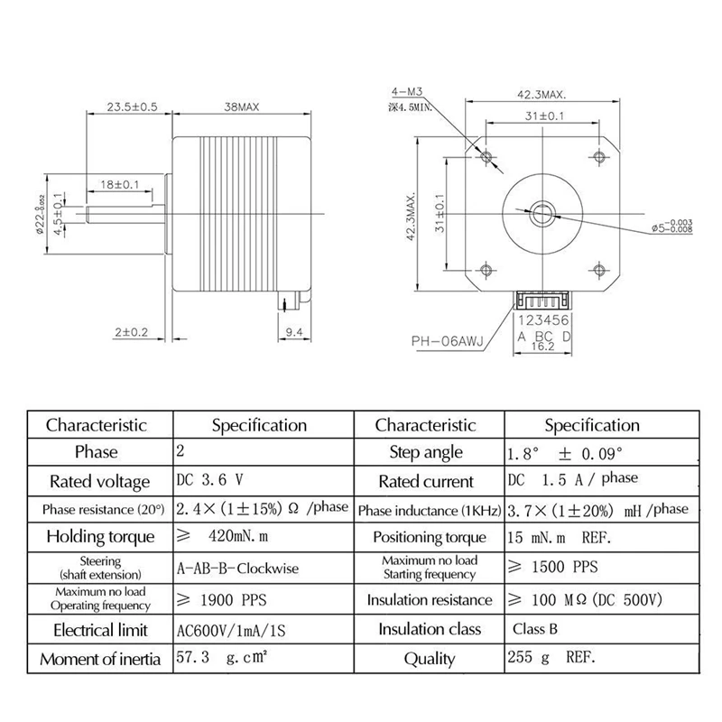 Nema 17 Stepper Motor, 1Pcs Bipolar 1.7A 40Ncm(56.2Oz.In) 40Mm Body 4-Lead With 40Mm Cable And Connector For 3D Printer/Cnc