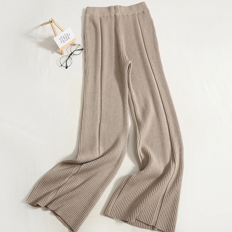 Nomikuma Knitted Long Pants for Women Autumn Winter 2023 New Casual Drawstring Elastic High Waist Sweater Wide Leg Pants Mujer