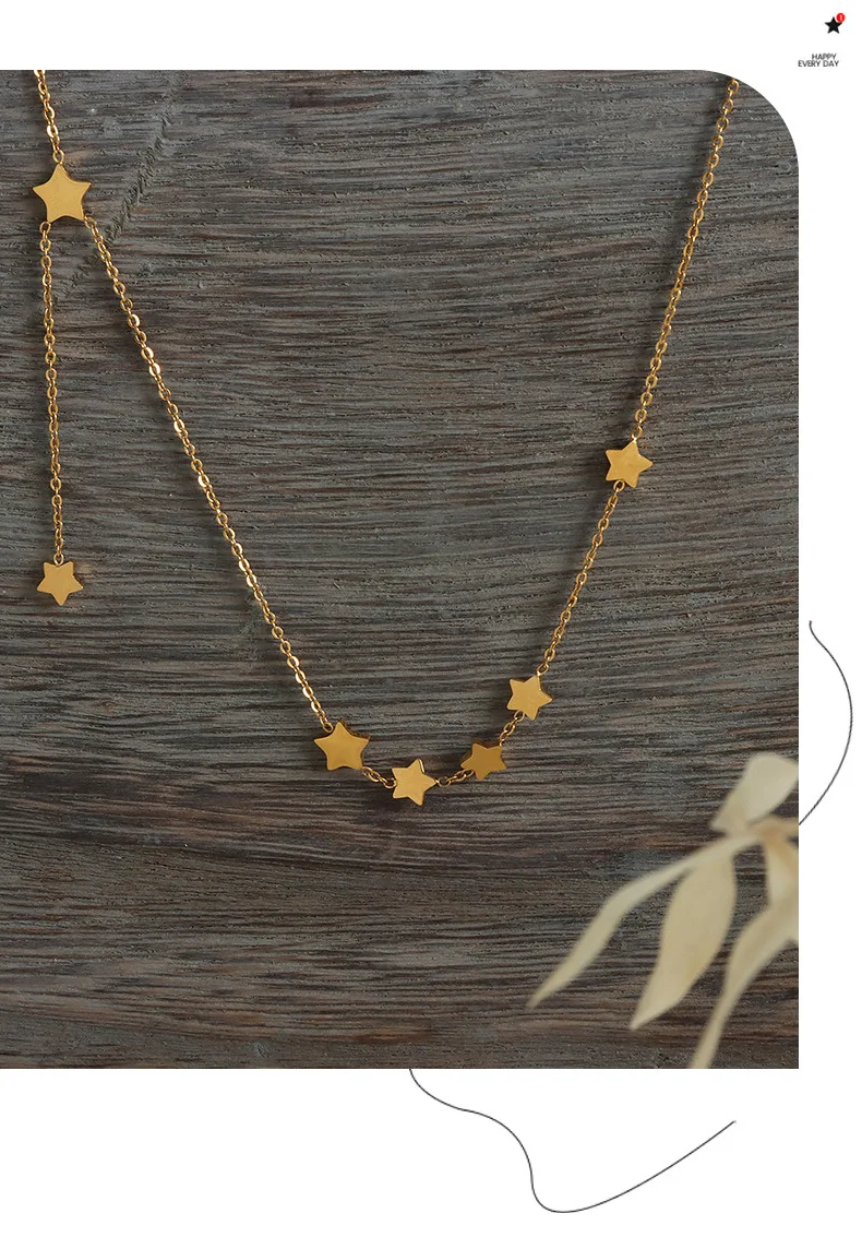 Edelstahl-Halsketten mit dünner Kette und Sternquaste für Damen, 18 Karat vergoldet, kein Anlaufen, Damen-Halskette mit mehreren Stern-Charms – Detail 8