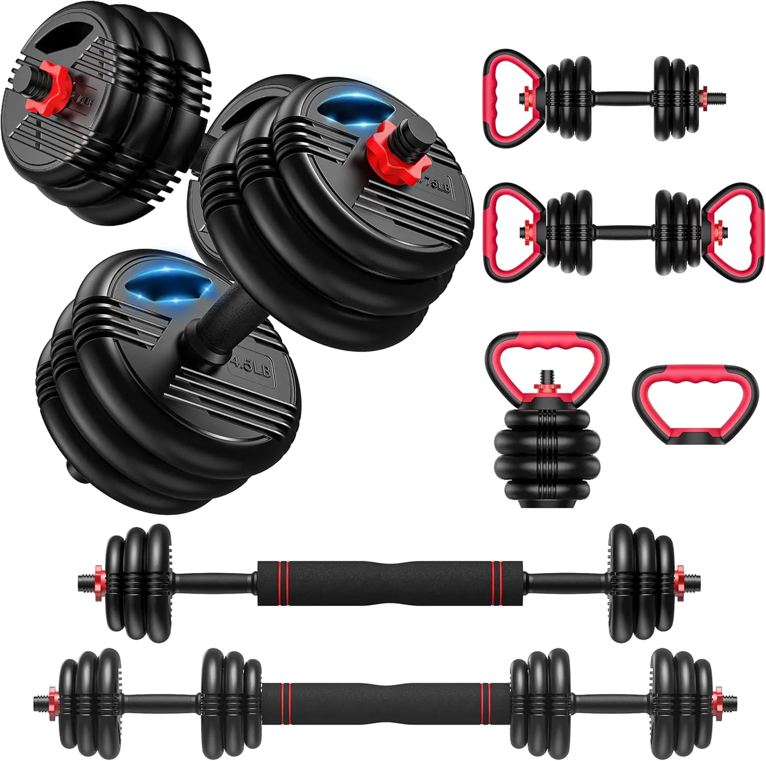 30LB Adjustable Dumbbell Set, 5-in-1 Dumbbell Kettlebell and Barbell Set with Weight Plates and Handles, Adjustable Free Weights