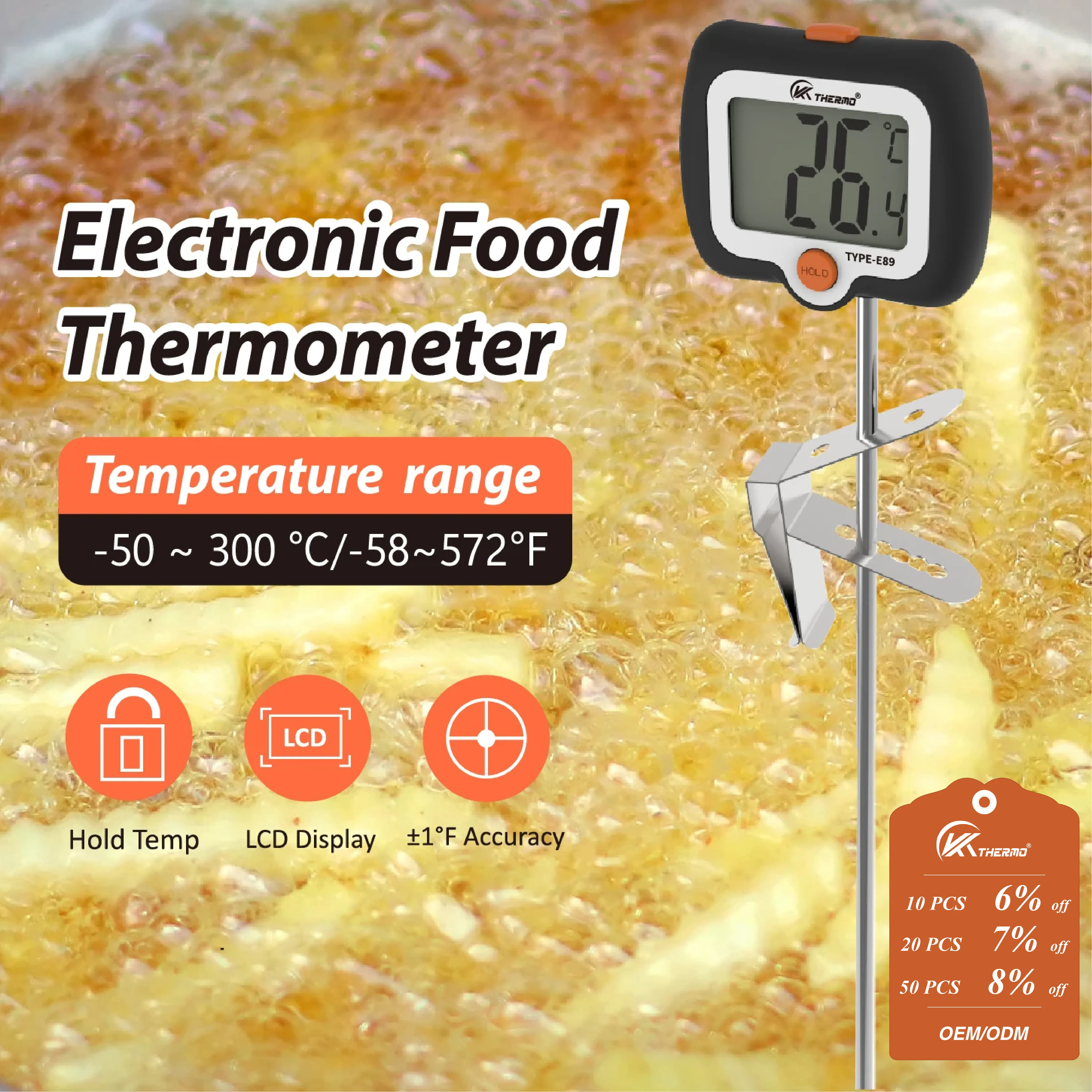 Digital Food Thermometer -300°C/572°F, 304 Stainless Steel Probe, LCD Display, Kitchen Cooking BBQ Meat Oil Fry Temp Gauge