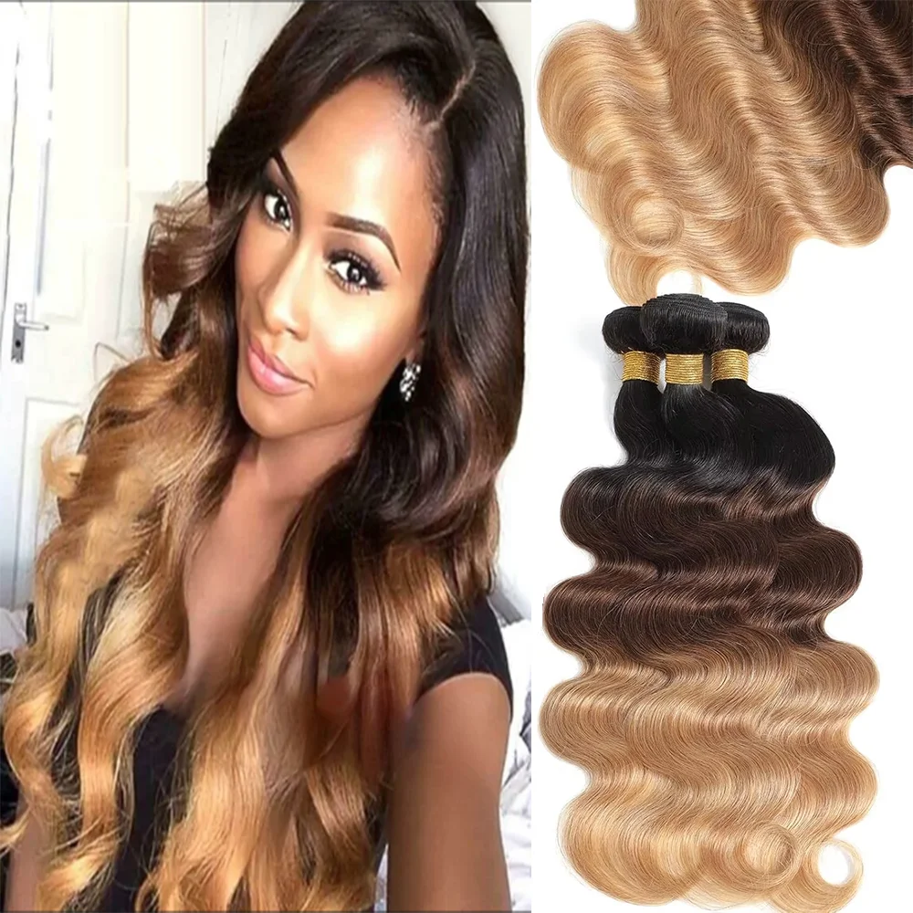 1 3 4 Bundle di Extension per Capelli Umani Brasiliani Grezzi 15A, 100% Non Lavorati, Pre-colorati Ombre a 3 Tonalità, con Onde Morbide