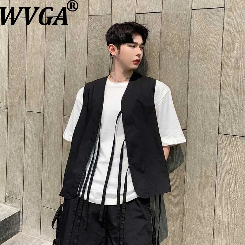 

WVGA Spring Autumn New Men's Tide High Street Dark Personality Multi Tie Design Collarless Vest Niche Chic Casual Tops Ins W8852