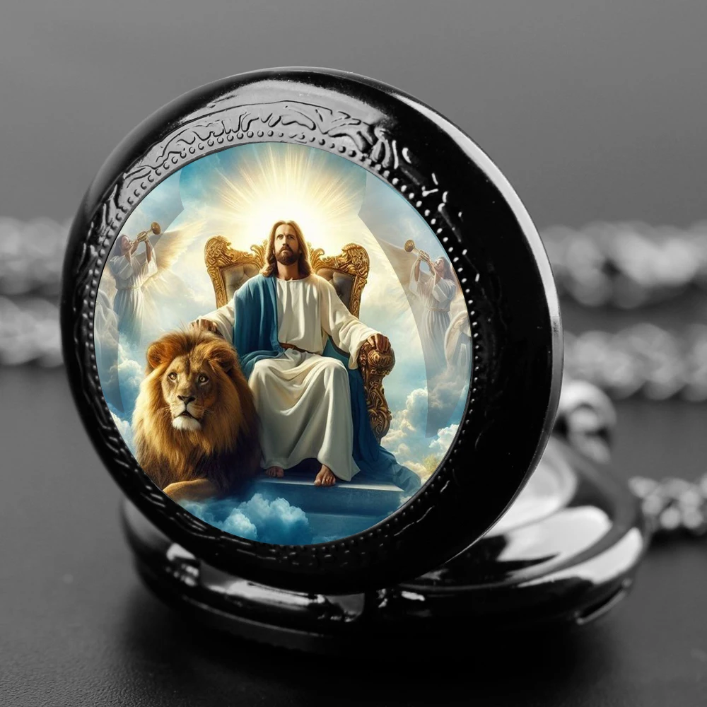 Classic Jesus Design Glass Dome Quartz Pocket Watch With Durable Chain Arabic Numeral Dial For Men And Women Creative Gifts