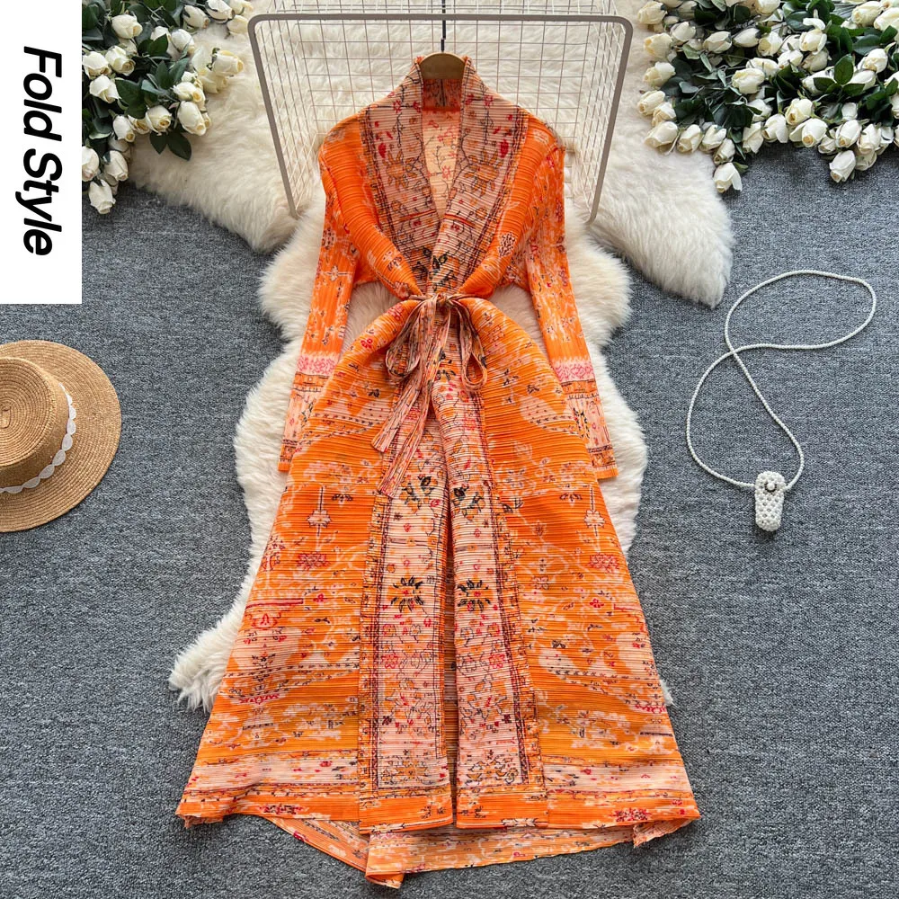 

Miyake Pleated Fashion Printed Dress Women's High-end Sense Strap Waist V-neck Long-sleeved Cardigan Pleated Long Skirt