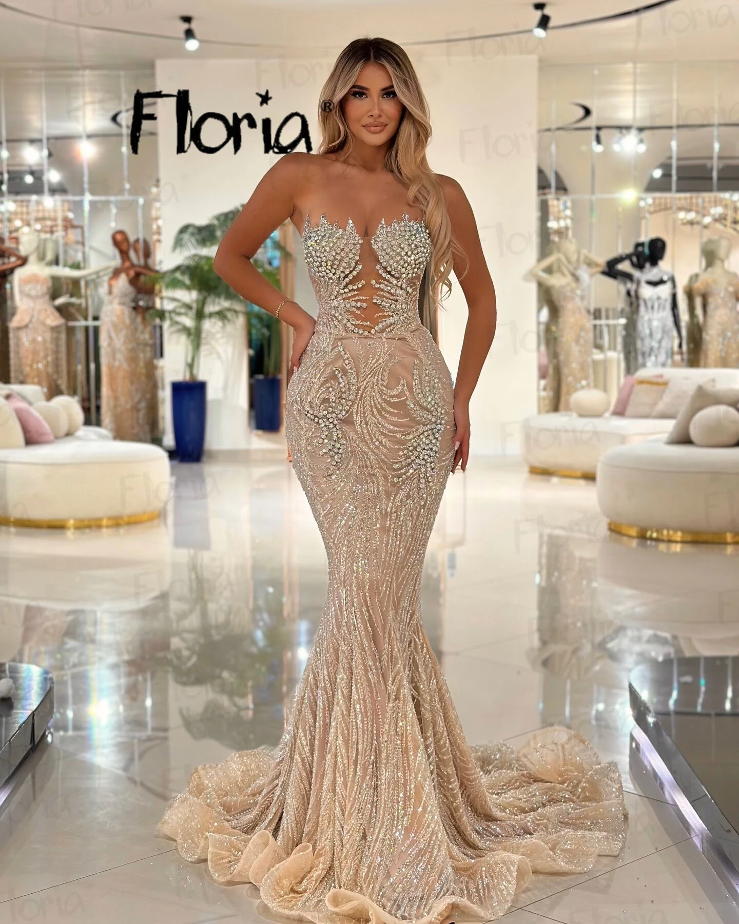 Backless Sheer Neck Beading Party Dresses Champagne Long Prom Dresses Mermaid Vestidos De Noche Woman Elegant Abendkleider