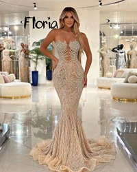 Backless Sheer Neck Beading Party Dresses Champagne Long Prom Dresses Mermaid Vestidos De Noche Woman Elegant Abendkleider