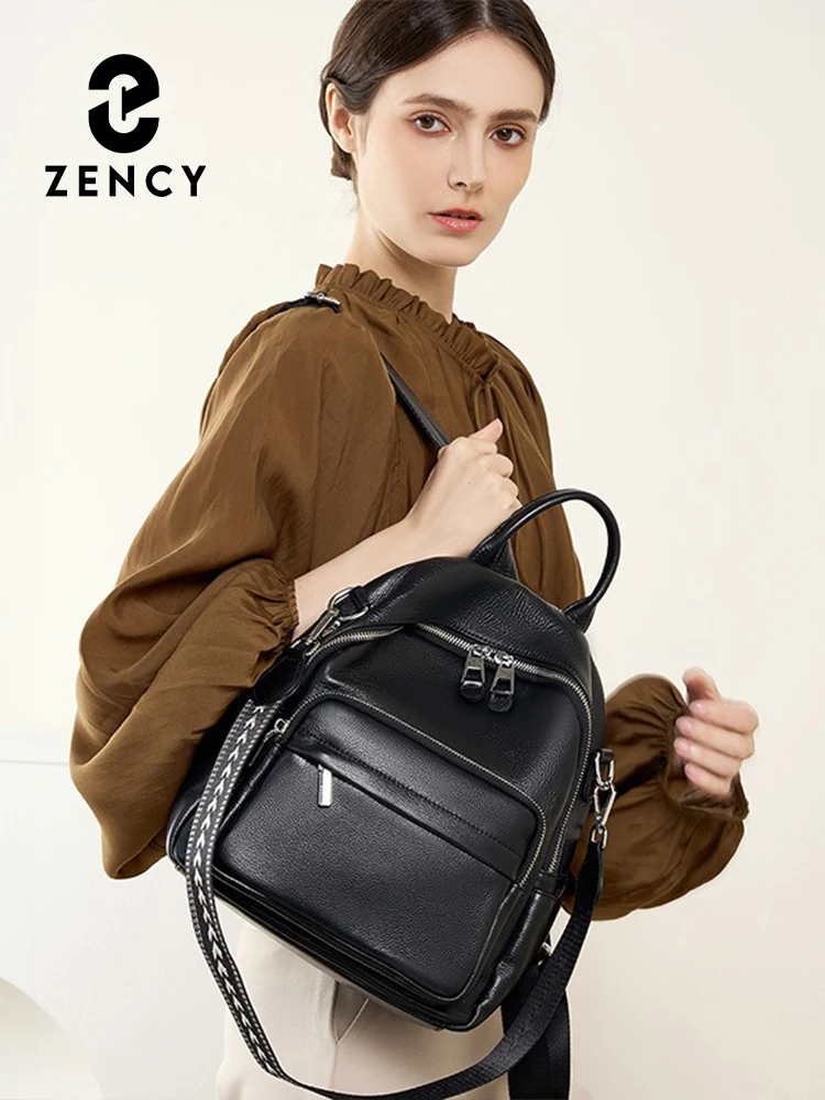 Zency Grey Blue Black Genuine Leather Women Backpack 2024 Lady Large Capacity Travel Backpack Female Knapsack Shoulder Bag