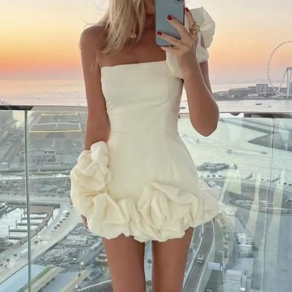 เลดี้ชุดElegant Oneไหล่Ruffleชุดราตรีตกแต่งดอกไม้SlimเอวSheathพรหมปาร์ตี้ชุดสั้นสําหรับผู้หญิงพรหม