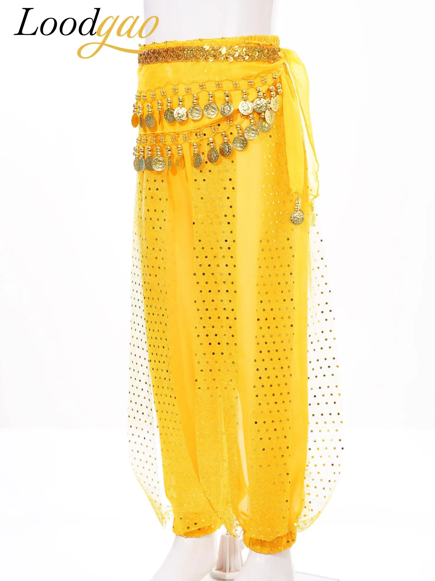 

Детский костюм для танца живота для девочек, наряд арабской принцессы с блестками, шаровары с кисточками и цепочкой, шарф на бедрах, брюки для выступлений, шифоновые брюки