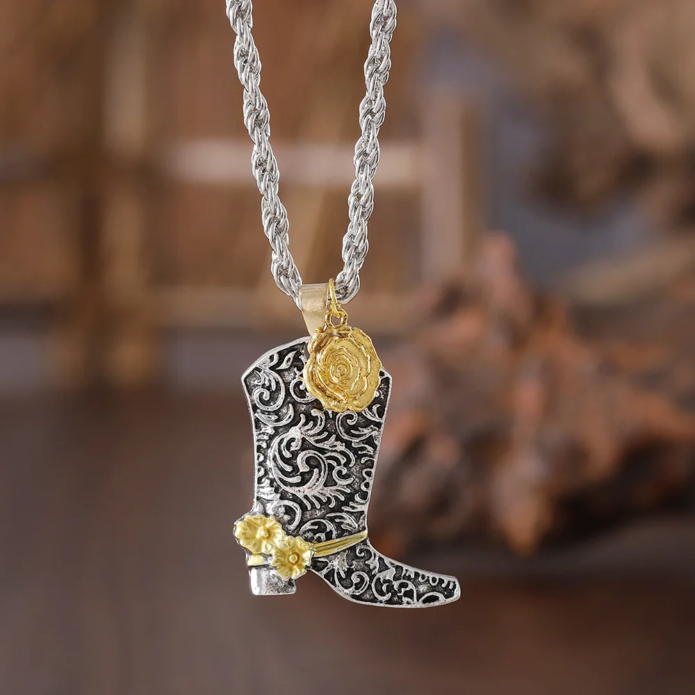 diy-accessories-amazon-cross-border-new-golden-rose-boots-necklace-hip-hop-punk-style-retro-pattern-alloy-jewelry