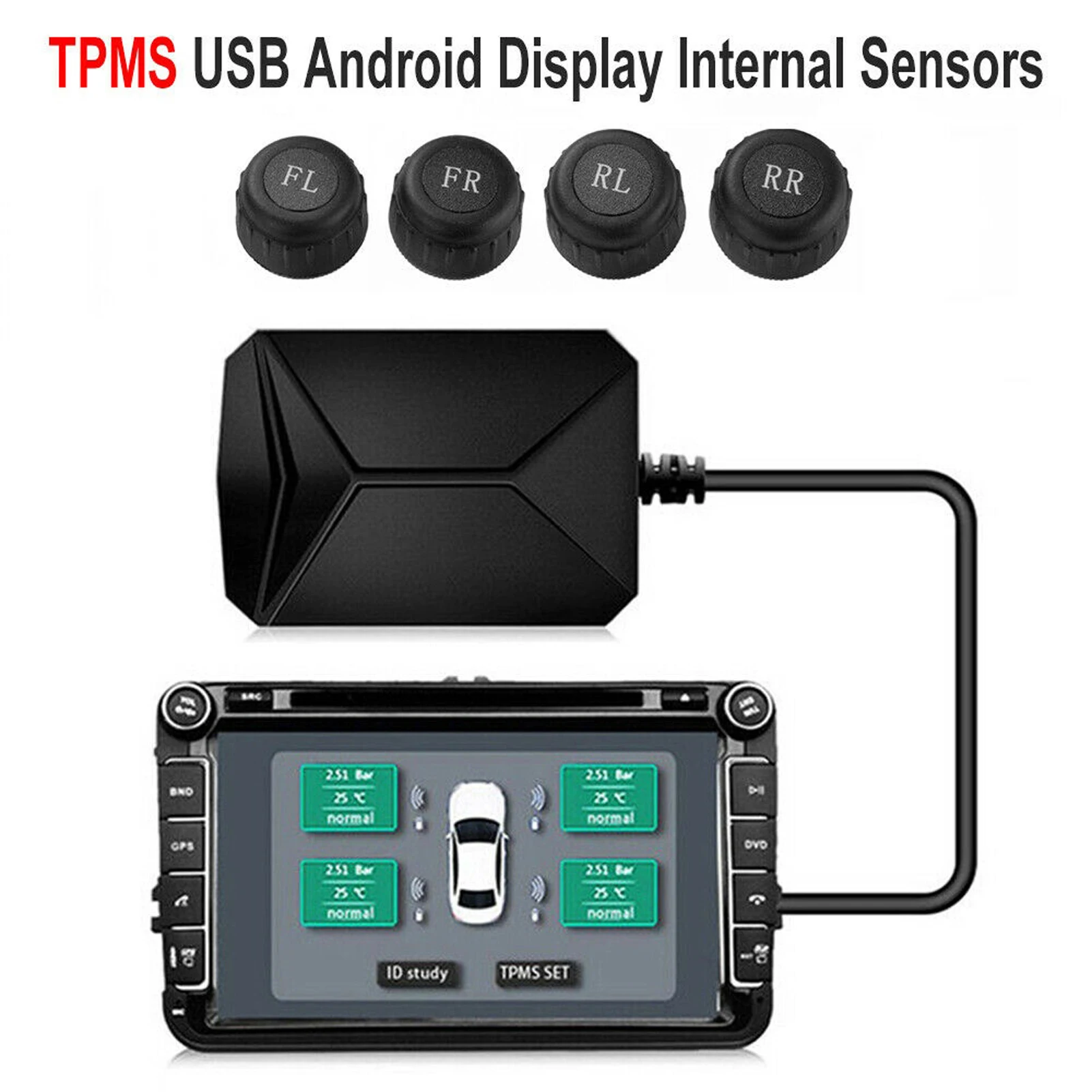 

USB-система контроля давления в шинах Android TPMS, монитор напряжения и система сигнализации внешнего подключения с 4 датчиками.