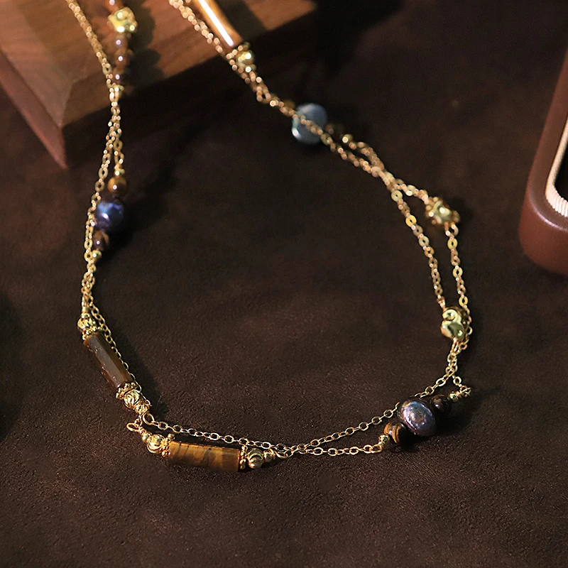 Natural Dyed Pearl Copper Block Tiger Eye Sweater Chain Adjustable Design Handmade Necklace Women's Jewelry GN0826A