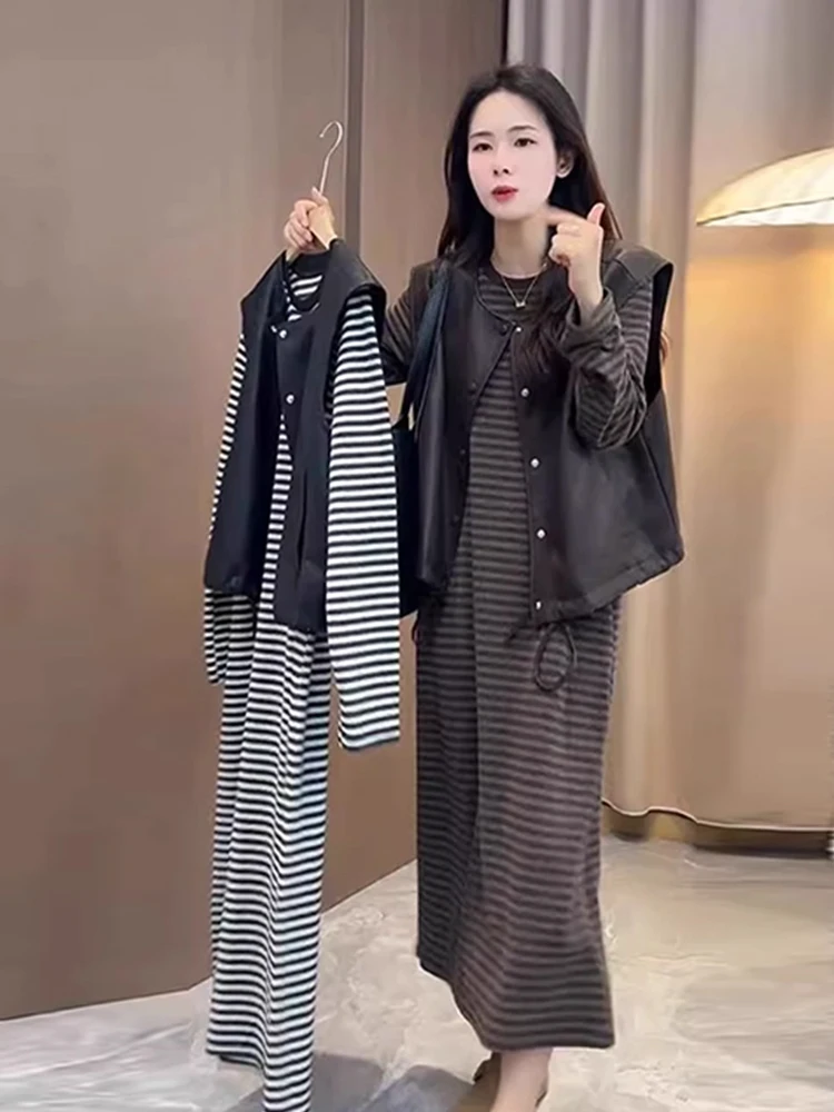 

Korean Design Casual Anti-Aging Long Sleeve Stripe Dress Women's Spring Autumn New Style Layered Vest Two-Piece Set