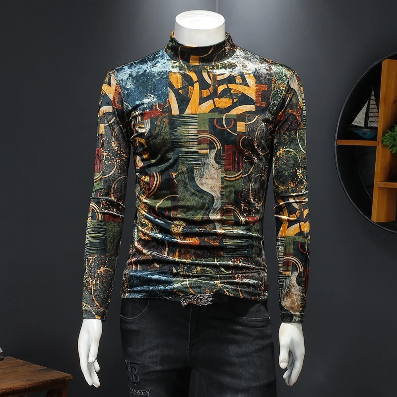 3D Digital Print Streetwear Vinstage Casual Long Sleeve T-Shirts Winter Quality Velvet Mens Designer Clothes Slim Tees Camisetas