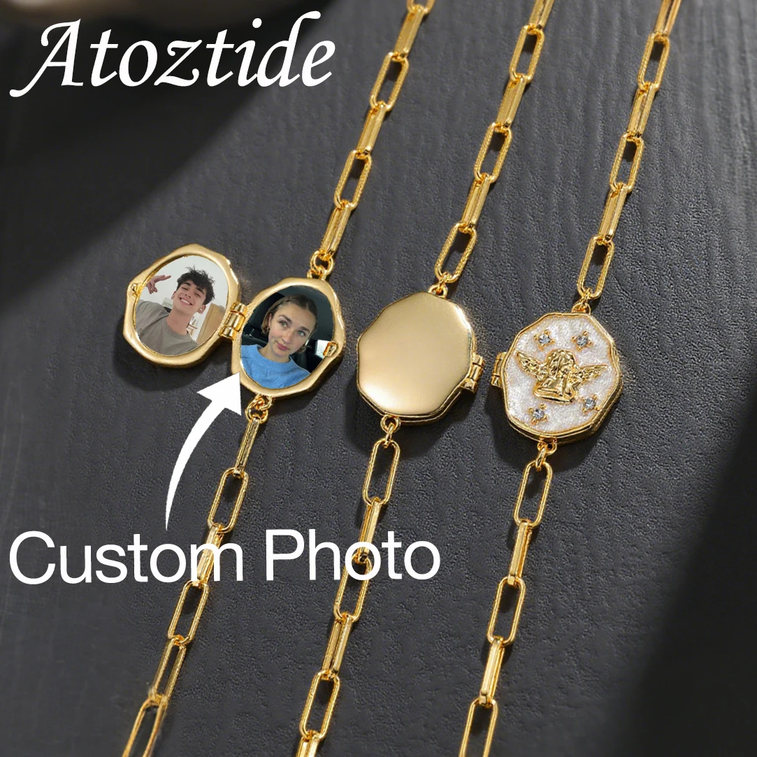 

Atoztide Custom Photo Angel Album Frame Bracelet For Women Men Alloy Metal Jewelry Paperclip Chain Personalized Memory Gift