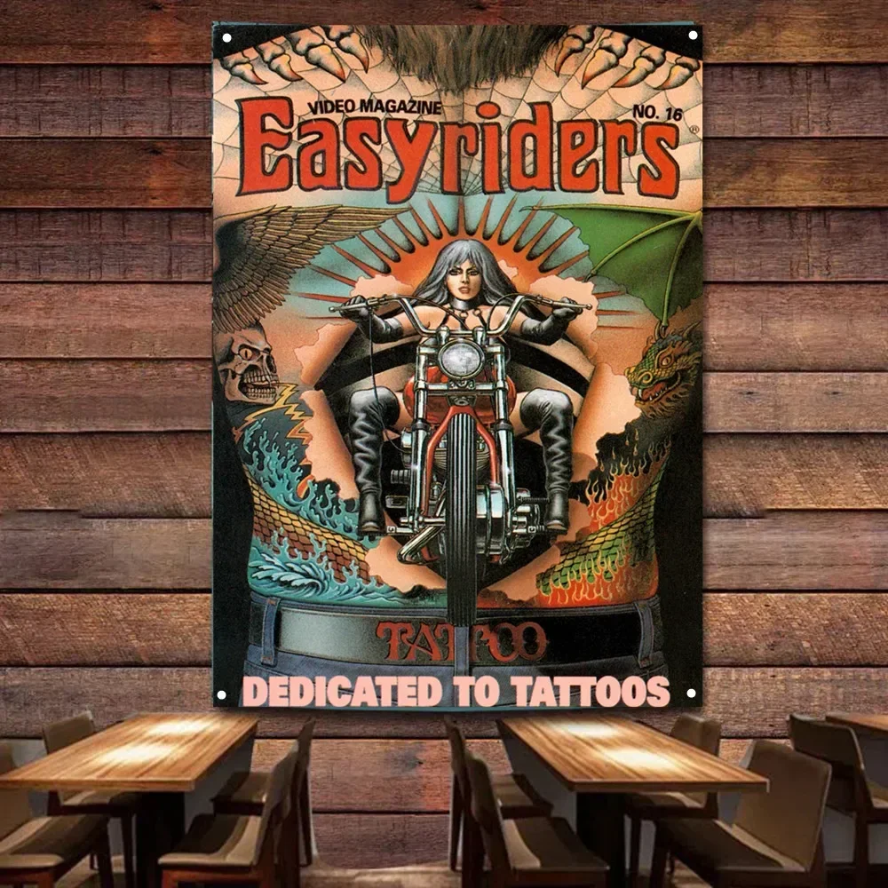 Easy Rider DEDICATED TO TATTOOS Motorcycle Painting for Garage Vintage Decor Banner Wall Flag Gas Station Man Cave Auto Poster