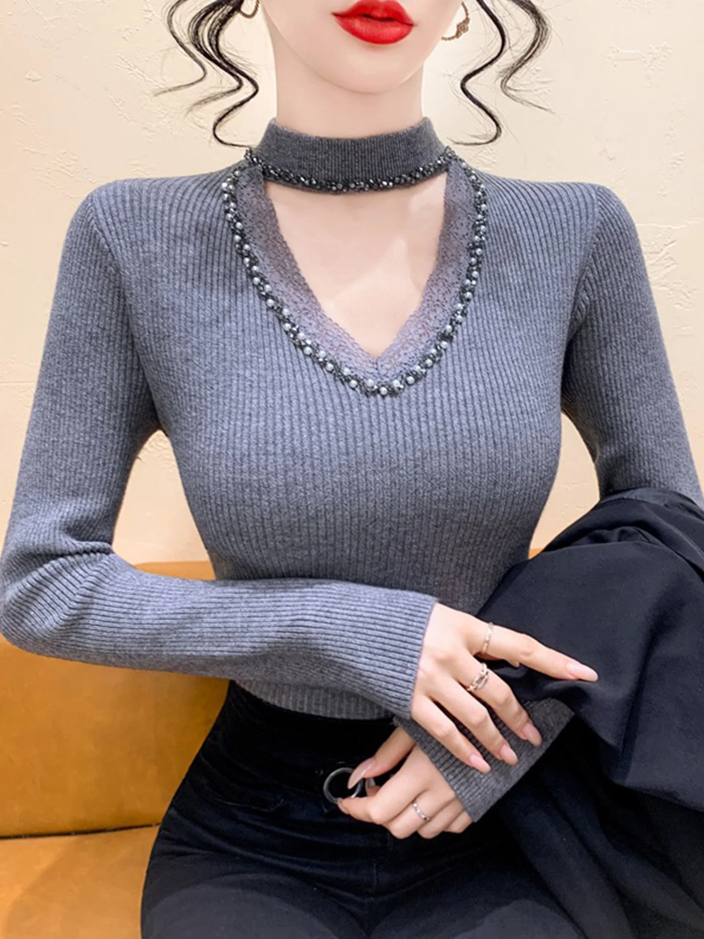

Женский вязаный свитер с V-образным вырезом, кружевными вставками и бисером, приталенный, базовый, осенне-зимний, новый, для повседневной носки