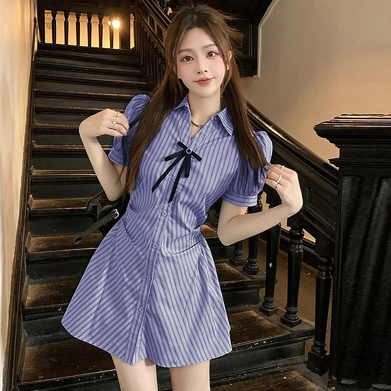 

Preppy Style Shirt Dress Women Elegant Striped Puff Sleeve Single Breasted Bow Mini Dresses Women's Clothing