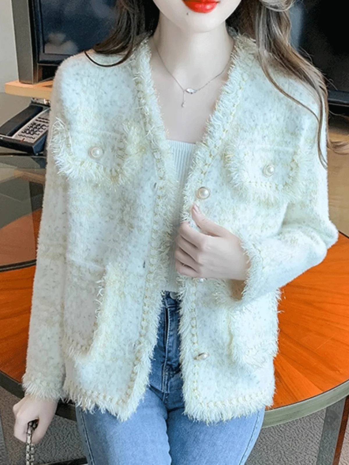 Korean Style V-Neck Ladies Open Cardigan Woolen Coat Spring Autumn 2025 New Tassel Shawl Lapel Fashion Elegant Women's Top