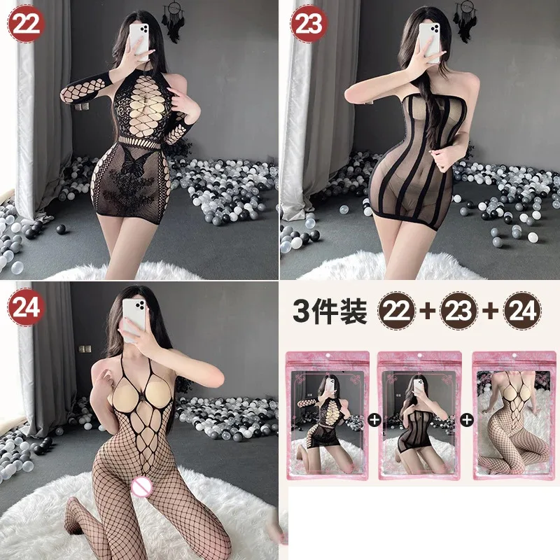 

New Fishnet Bodysuit Sexy Bodystockings Hollow Mesh Lingerie Erotic Female Out Crotchless Women Open 3Set/Pack Teddy Crotch