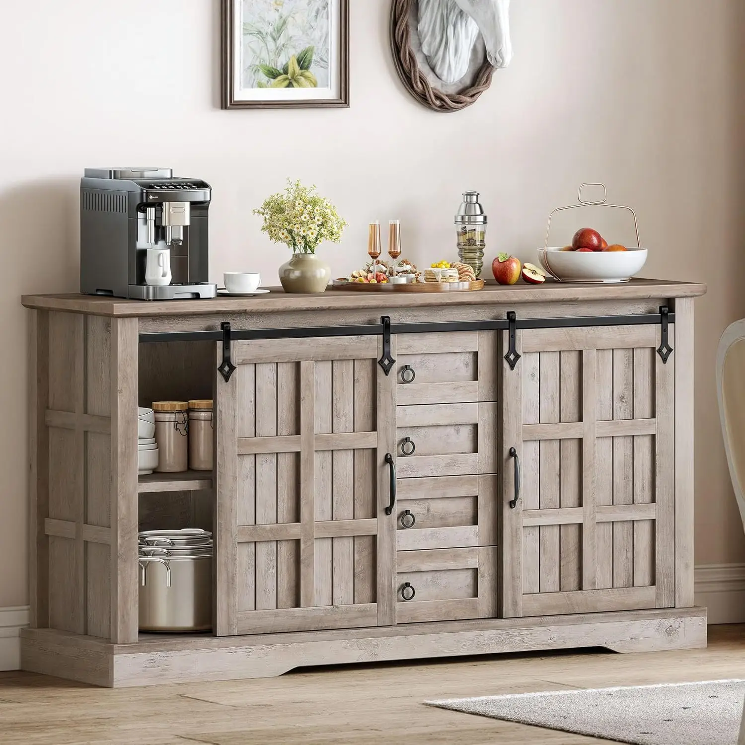

Large sideboard living room with sliding barn door and 4 drawers
