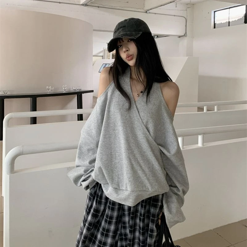 

Deeptown Casual Off Shoulder Sweatshirts Women Sexy Korean Style Loose Pullovers Harajuku Y2k Fashion Long Sleeve Sweatshirts