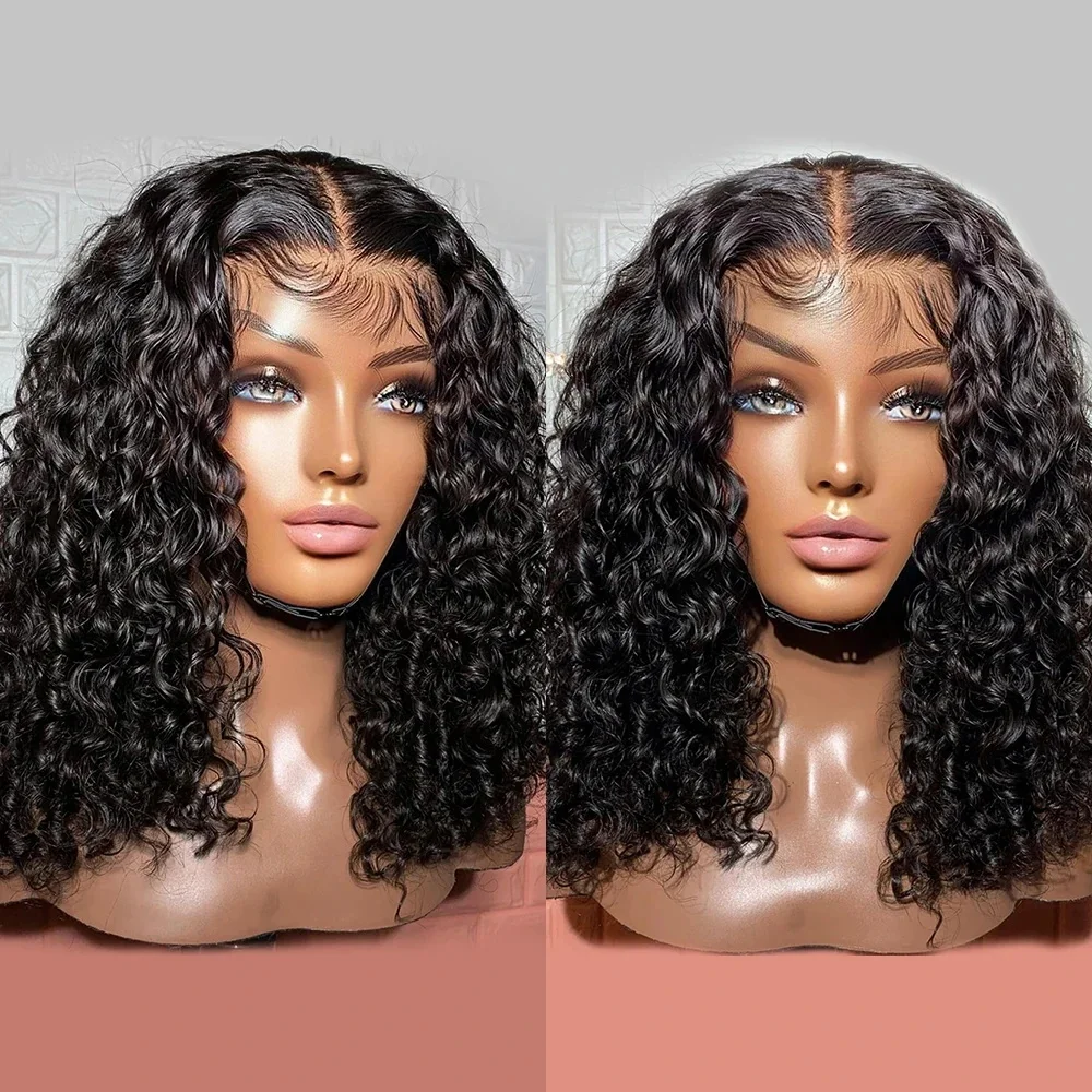 16 Inch Lace Frontal Wig Brazilian 13x4 Lace Front Short Bob Human Hair Wigs Remy Water Deep Wave Curly T-Part Closure Wig