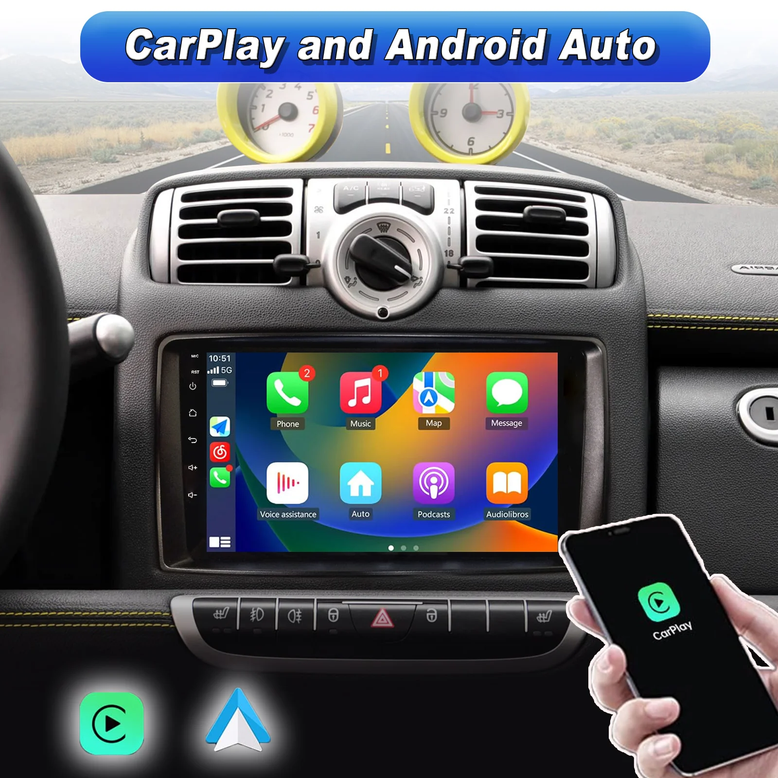 

Android Car radio for Benz Smart Fortwo 2005-2010 screen Carplay Android Auto, GPS Navigation, Bluetooth, FM radio, SWC, DSP