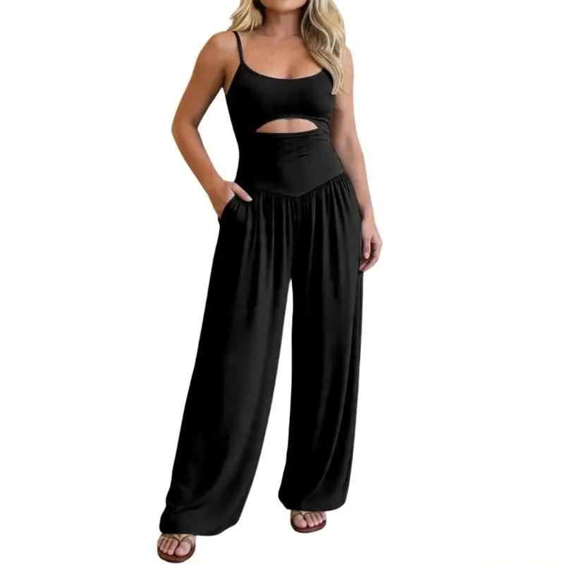 31BF Womens Jumpsuits For Sleeveless Cut Out Waist Neck Backless Tie Back Ruched High Waist Wide Leg Romper