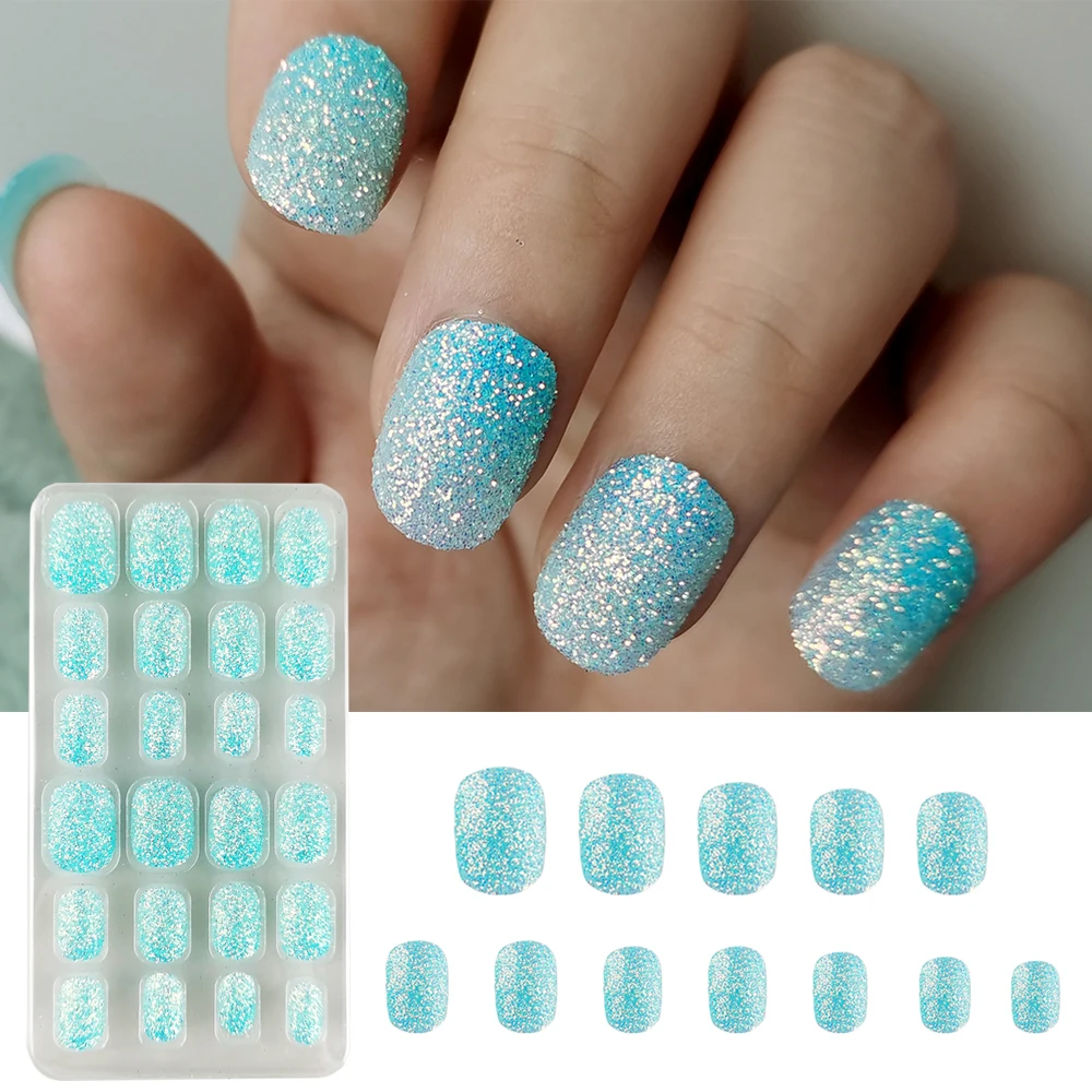 24pcs Kids Nail Art Nail Tips Glitter Blingbling Fake Nails Press On Nails DIY Manicure For Children Birthday Kids Nailart 6+_voghion.com