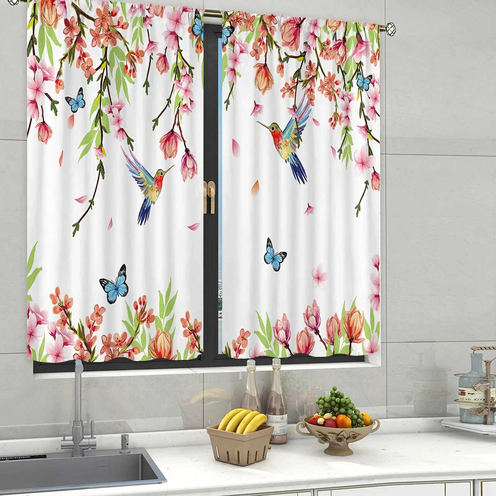 Window Curtains with Rod Pocket,Hummingbird,Floral,Kitchen,Flower,Butterfly,Botanical,Bedroom,Rustic,Living Room,Home Decor,2Pcs