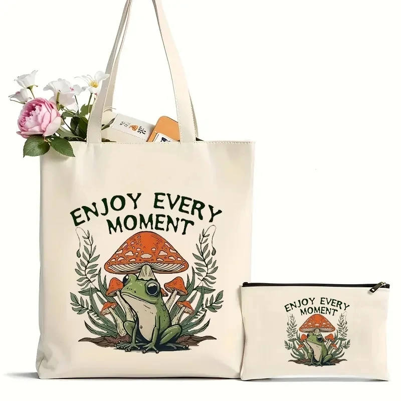 2Pcs Frog Mushroom Pattern Ladies Handbag Cosmetic Bag Fashion Casual Shoulder Bag Eco Large Capacity Travelling Shopping Bag