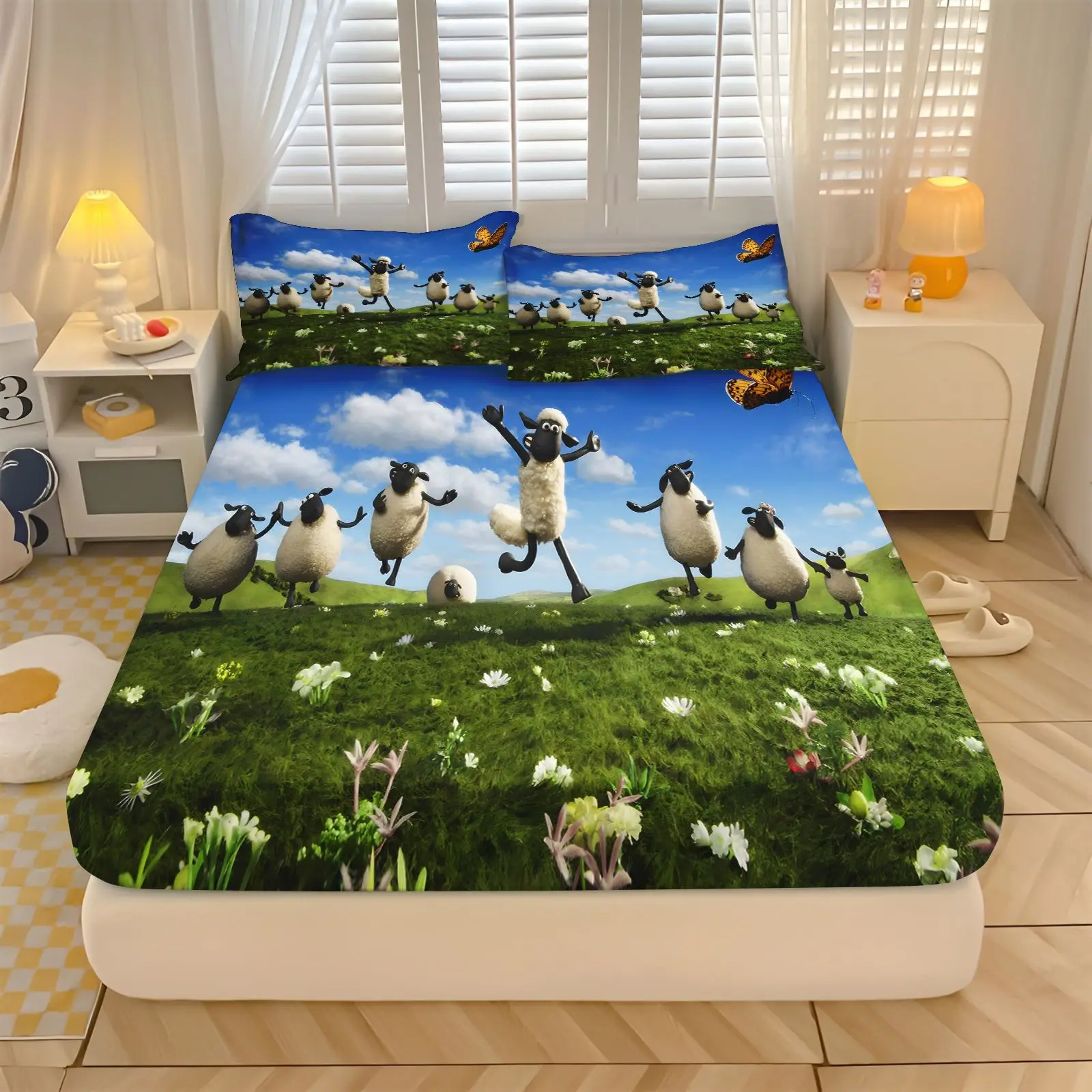 Shaun the Sheep Fitted Sheet Set 2PCS Cartoon Bed Cover With Pillowcases Soft Printed Mattress For Kids Bedroom Home Decor