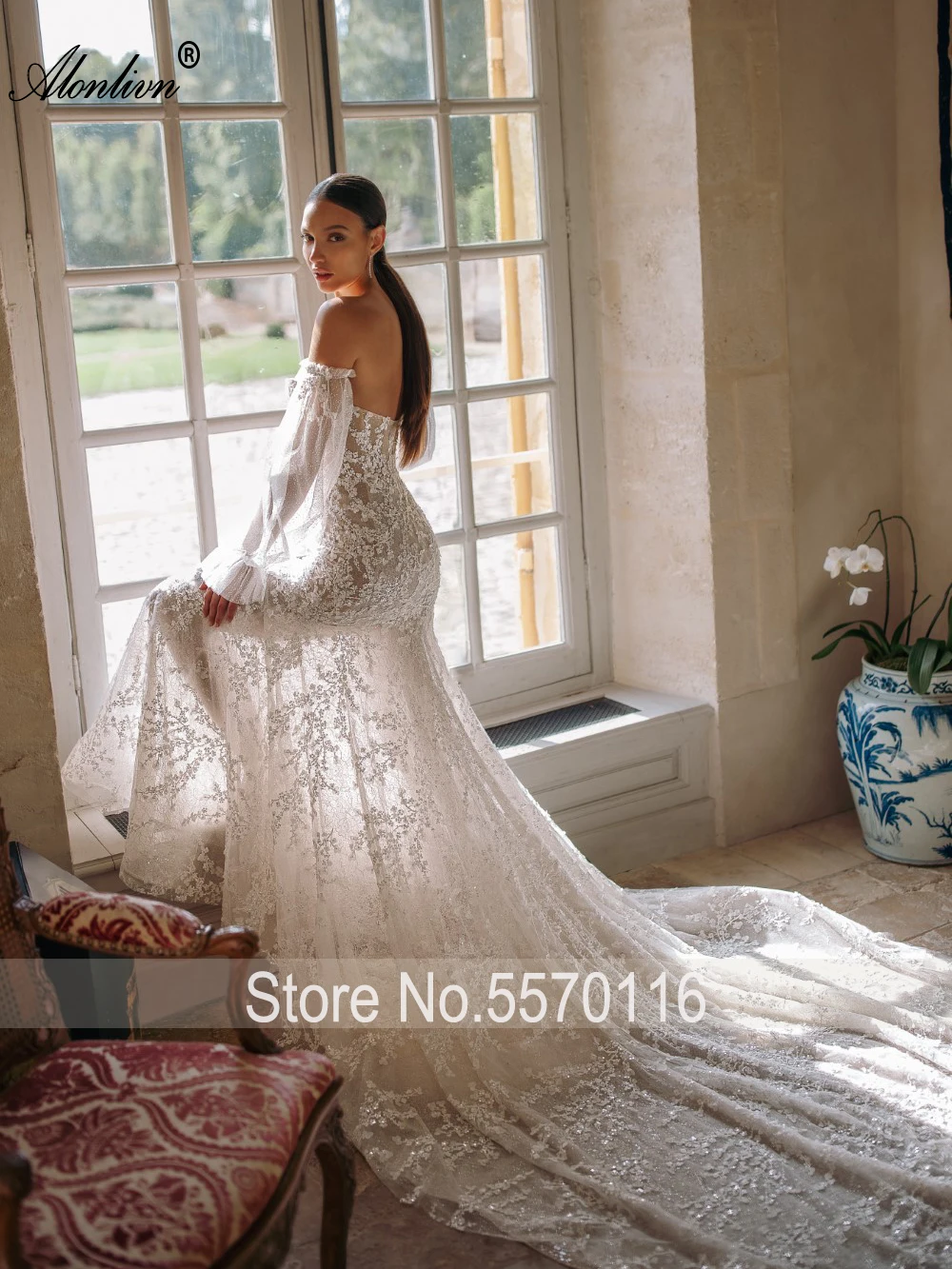 Alonlivn Delicate 3D Floral Lace Mermaid Wedding Dresses Fantastic Sweetheart Off Shoulder Sleeves Trumpet Bridal Gowns