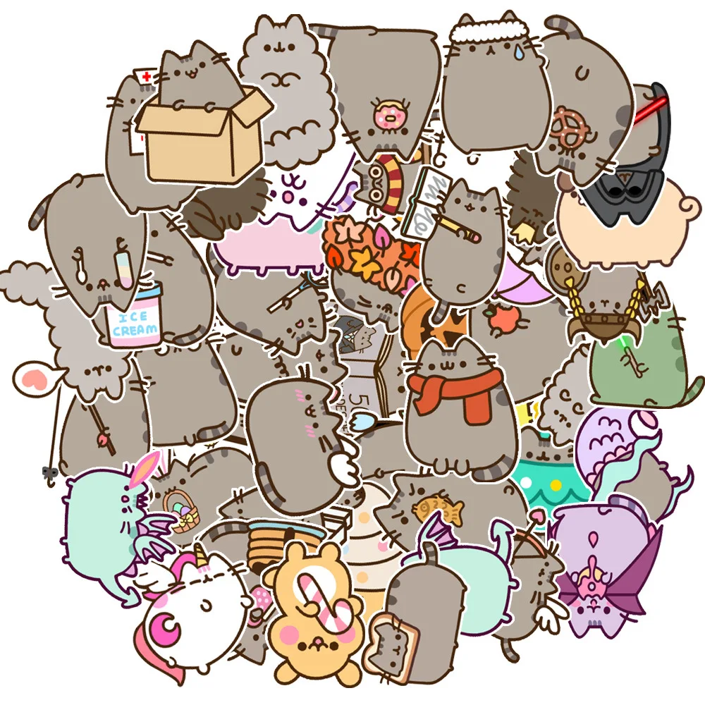 50pcs Kawaii Chunky Pet Animal Stickers Cute Grey Pusheens Cat Decorative Scrapbook Notebook DIY Waterproof Kid Sticker Toy Gift