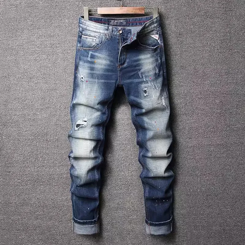 Streetwear Fashion Heren Jeans Retro Blue Stretch Slim Fit Geschilderde Gescheurde Jeans Heren Hoge Kwaliteit Vintage Designer Denim Broek