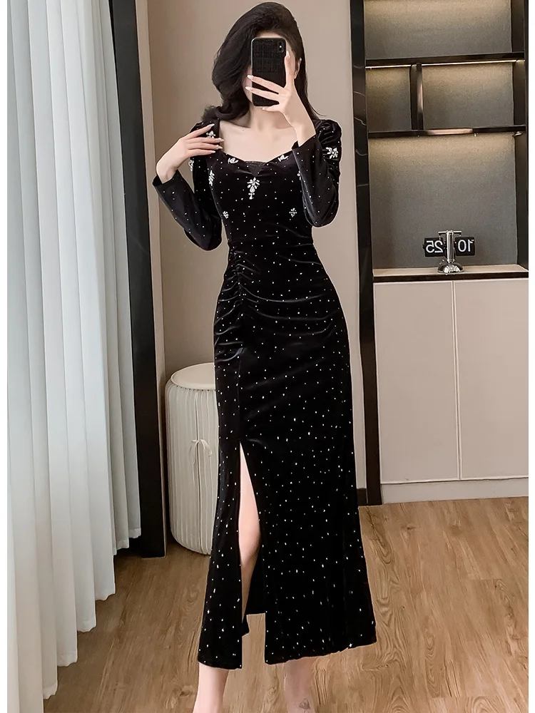 Korean V-neck Elegant Slim Trumpet Party Dresses 2025 Spring Autumn New Exquisite Nail Bead Luxury Velvet Evening Dresses Female