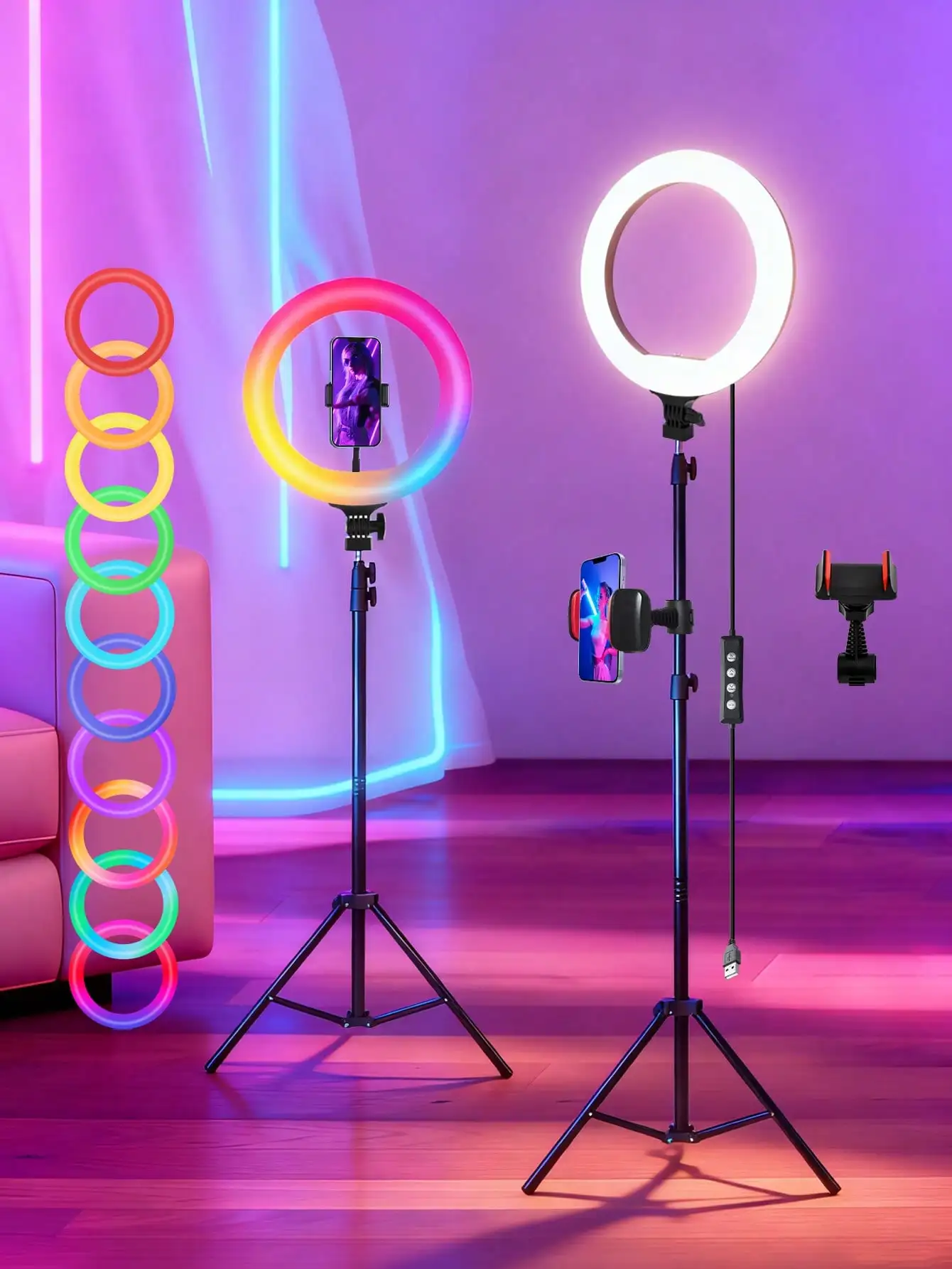 12-Inch LED Ring Light Kit, 63-Inch Aluminum Tripod & 2 Phone Holders, USB Powered, 38 Colors & 10 Brightness Modes. Ideal for live stream, vlog, selfie, meeting, interview, photo and video shooting.