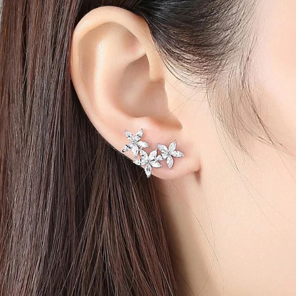 Luxury Romance Sliver Color Stainless Steel Full-inlay High Quality 5A Zircon Five-petal Flower Stud Earrings for Women Jewelry