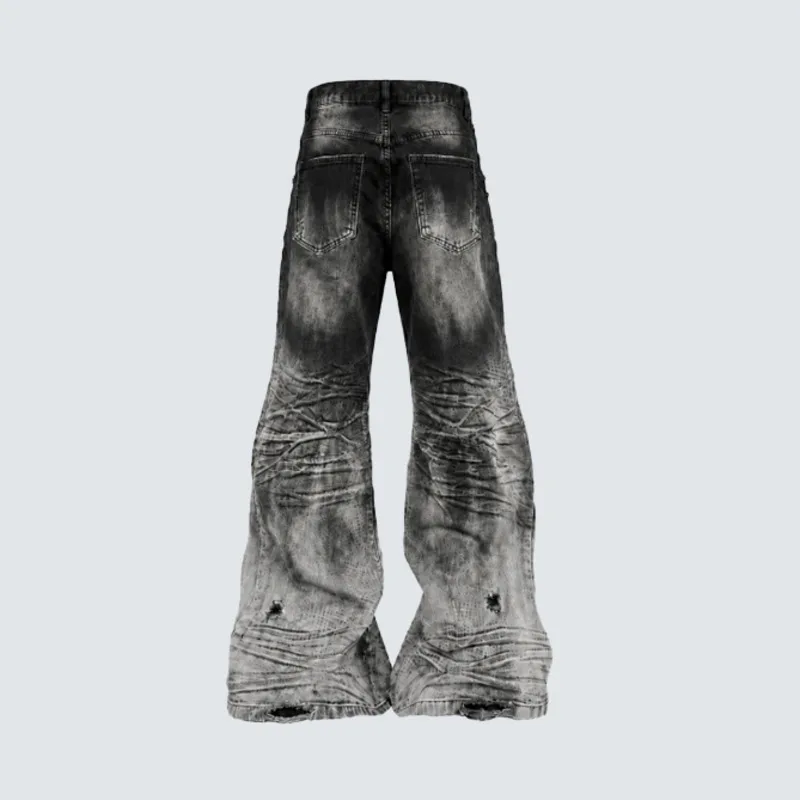 HKSH Spring Autumn New Men Tide Chic Ins Distressed Thorn-Print Loose Jeans Gothic Ripped Frayed Flared Pants Rivet Punk HK27032