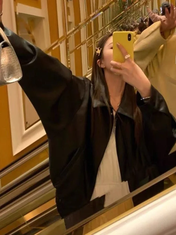 Bla PU Leather Jaet المرأة فضفاضة تناسب خمر Sle ort معطف تنوعا الخريف الشتاء تصميم Faion عارضة الرجعية Jaet #2