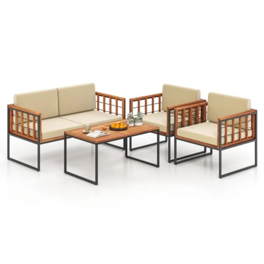 

Acacia Wood Outdoor Sofa Set 4 Pieces with Heavy Duty Metal Frame Beige Cushions for Balcony Porch Backyard or Poolside
